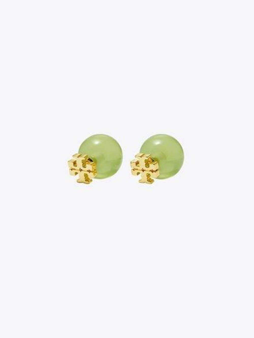 Tory Burch Gold Logo Lime Green Bead Double Stud Earrings NWT
